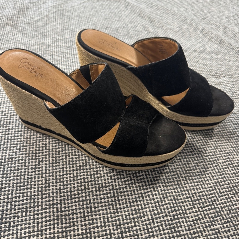 Crown Vintage Erasin Black Suede Espadrille Wedge Platform Sandals Womens 10M 42